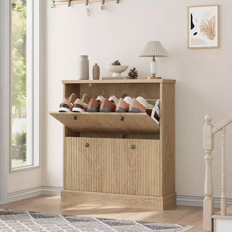 Meuble à chaussures en bois autoportant avec 2 tiroirs basculants, Organisateur de chaussures moderne et étroit en forme de vague avec étagères réglables, pour entrée, salon, couloir