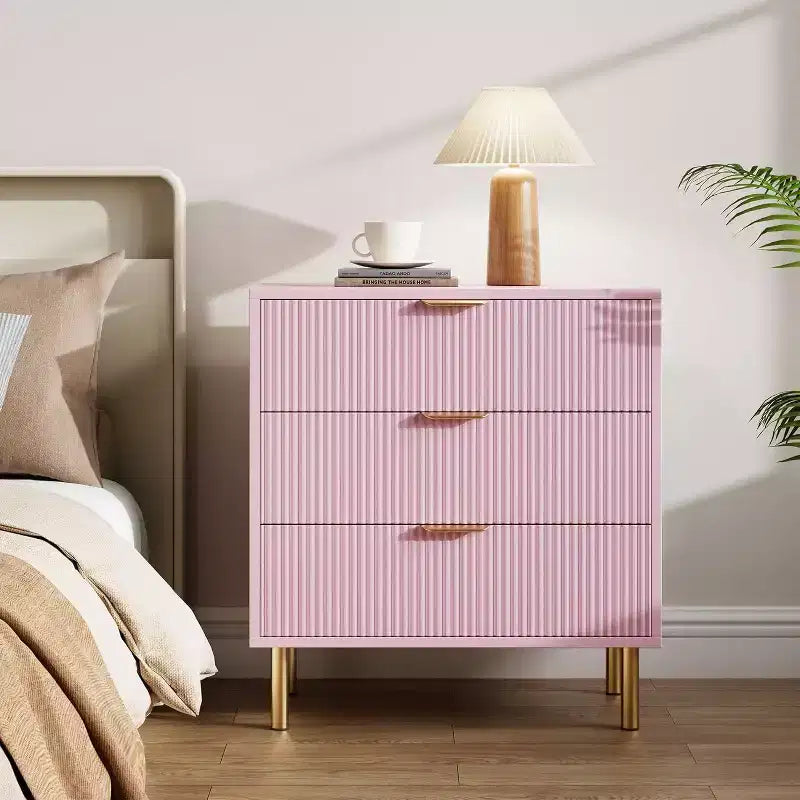 Acekool 3 Drawer Dresser, Modern Fluted Chest with Gold Base, Bedroom Storage Organizer for Living Room Hallway Entryway