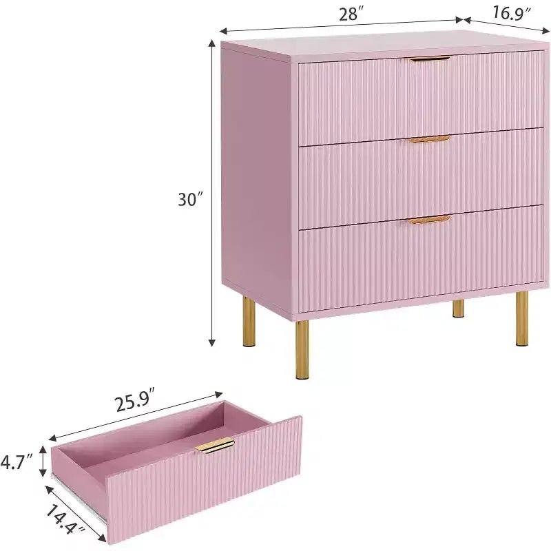 Commode à 3 tiroirs, Buffet moderne cannelé avec base dorée, Organiseur de rangement pour chambre, salon, couloir, entrée