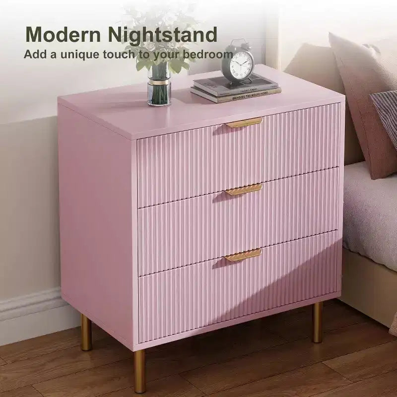 Commode à 3 tiroirs, Buffet moderne cannelé avec base dorée, Organiseur de rangement pour chambre, salon, couloir, entrée