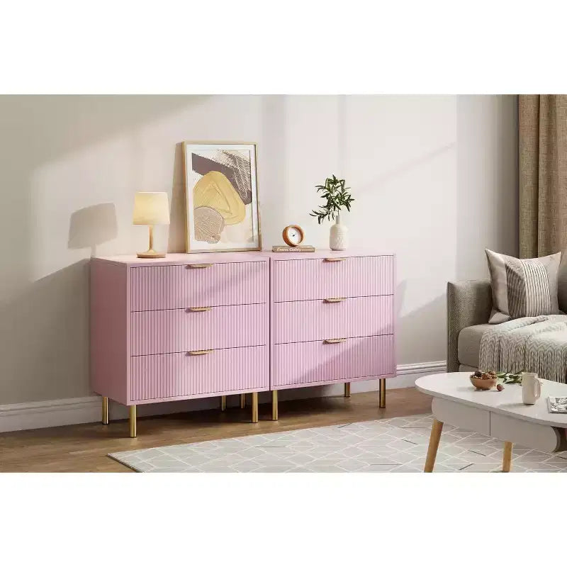 Commode à 3 tiroirs, Buffet moderne cannelé avec base dorée, Organiseur de rangement pour chambre, salon, couloir, entrée