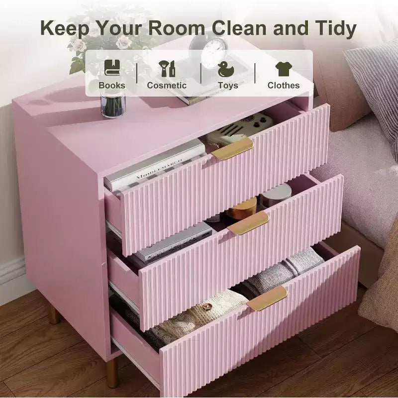 Commode à 3 tiroirs, Buffet moderne cannelé avec base dorée, Organiseur de rangement pour chambre, salon, couloir, entrée