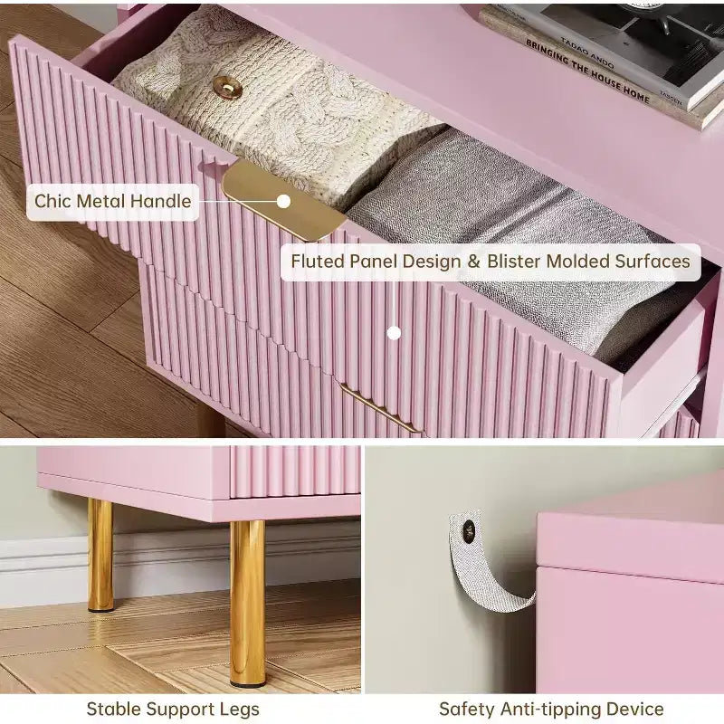 Commode à 3 tiroirs, Buffet moderne cannelé avec base dorée, Organiseur de rangement pour chambre, salon, couloir, entrée