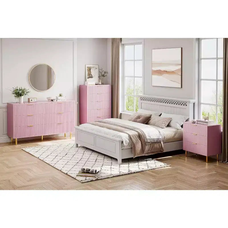 Commode à 3 tiroirs, Buffet moderne cannelé avec base dorée, Organiseur de rangement pour chambre, salon, couloir, entrée