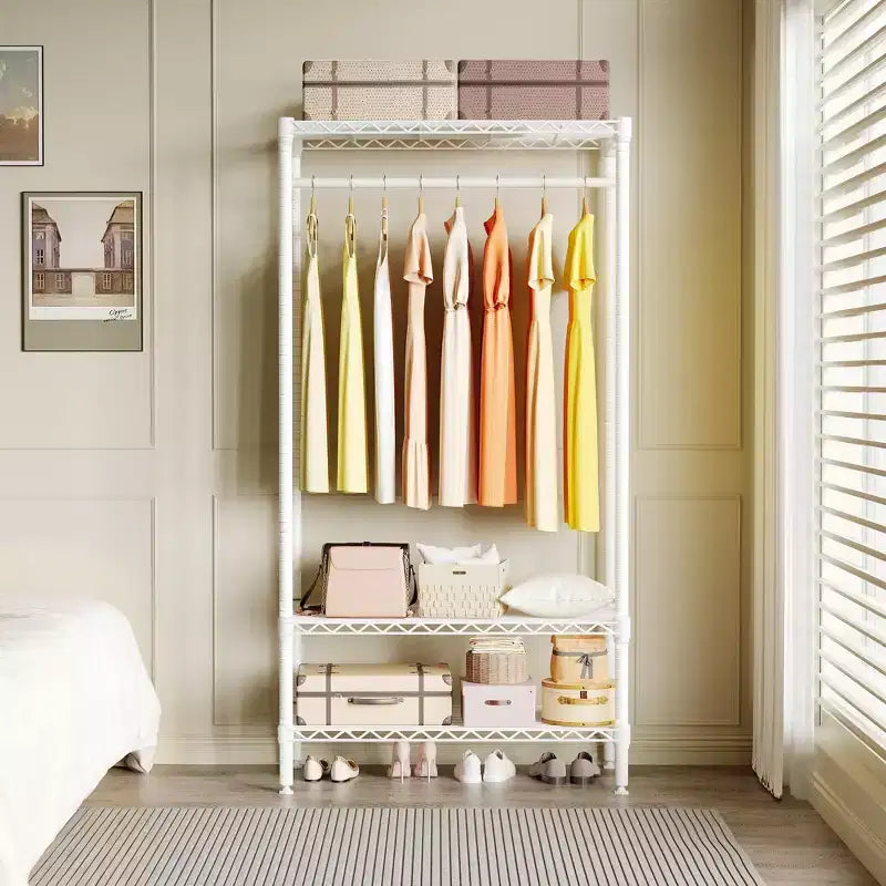 Portant à vêtements autoportant robuste avec étagères réglables, organisateur de rangement de garde-robe en métal pour chambre ou buanderie