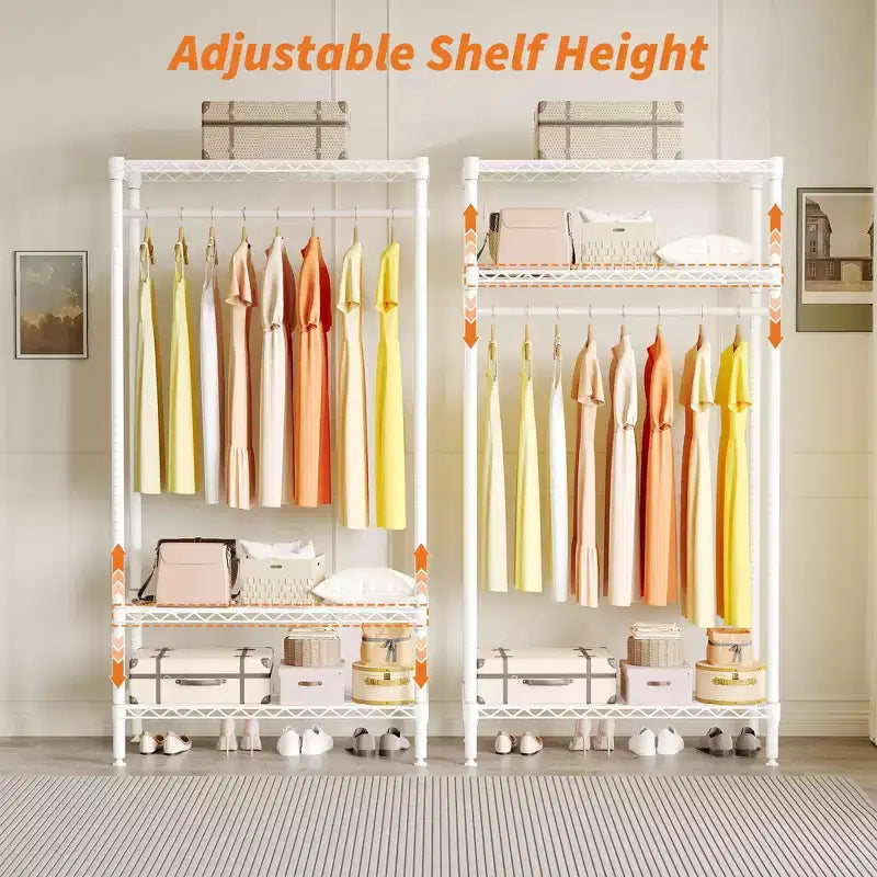 Portant à vêtements autoportant robuste avec étagères réglables, organisateur de rangement de garde-robe en métal pour chambre ou buanderie