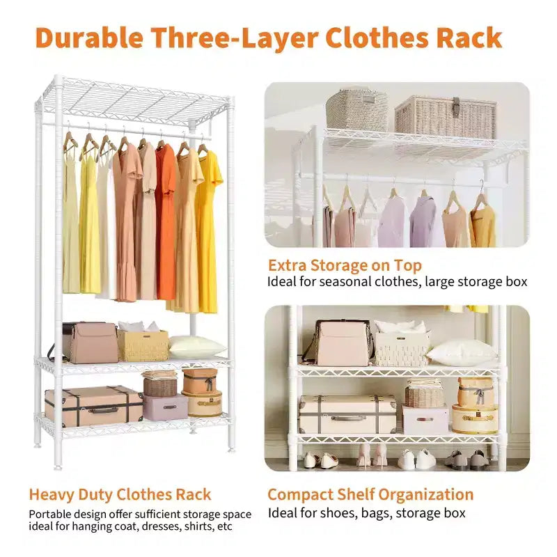 Portant à vêtements autoportant robuste avec étagères réglables, organisateur de rangement de garde-robe en métal pour chambre ou buanderie