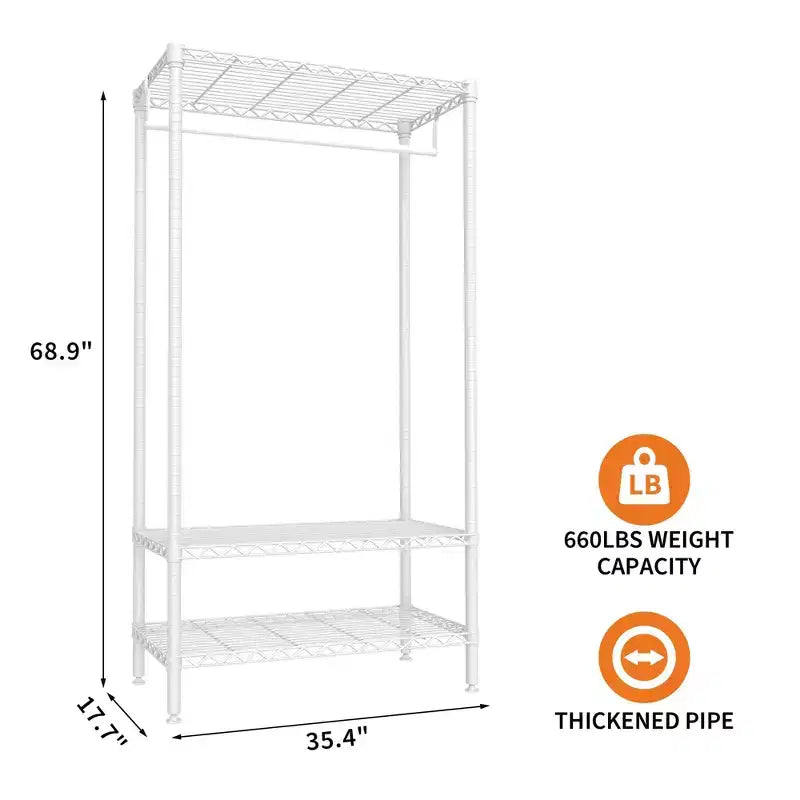 Portant à vêtements autoportant robuste avec étagères réglables, organisateur de rangement de garde-robe en métal pour chambre ou buanderie