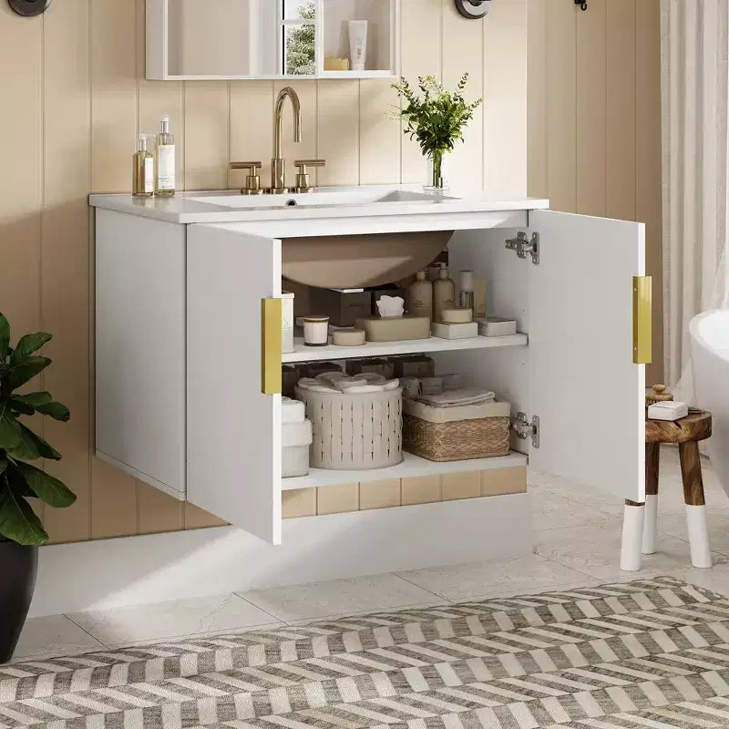 Meuble-lavabo de salle de bain mural 30 pouces avec rangement, meuble de salle de bain en bois avec portes à fermeture douce