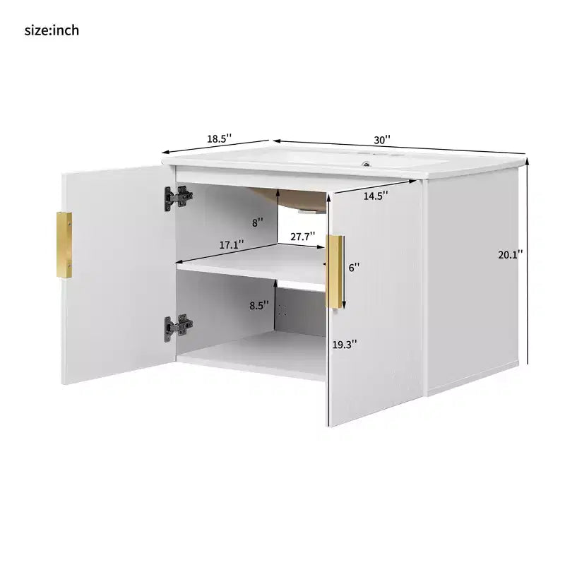 Meuble-lavabo de salle de bain mural 30 pouces avec rangement, meuble de salle de bain en bois avec portes à fermeture douce