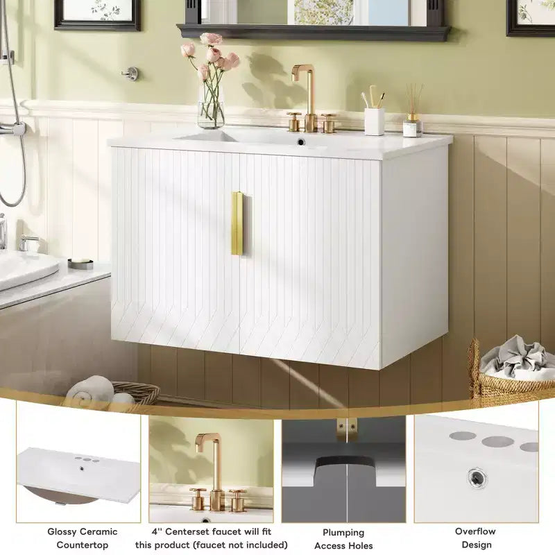 Meuble-lavabo de salle de bain mural 30 pouces avec rangement, meuble de salle de bain en bois avec portes à fermeture douce