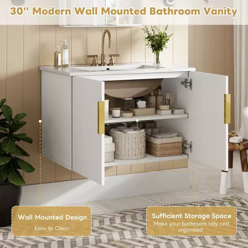Meuble-lavabo de salle de bain mural 30 pouces avec rangement, meuble de salle de bain en bois avec portes à fermeture douce