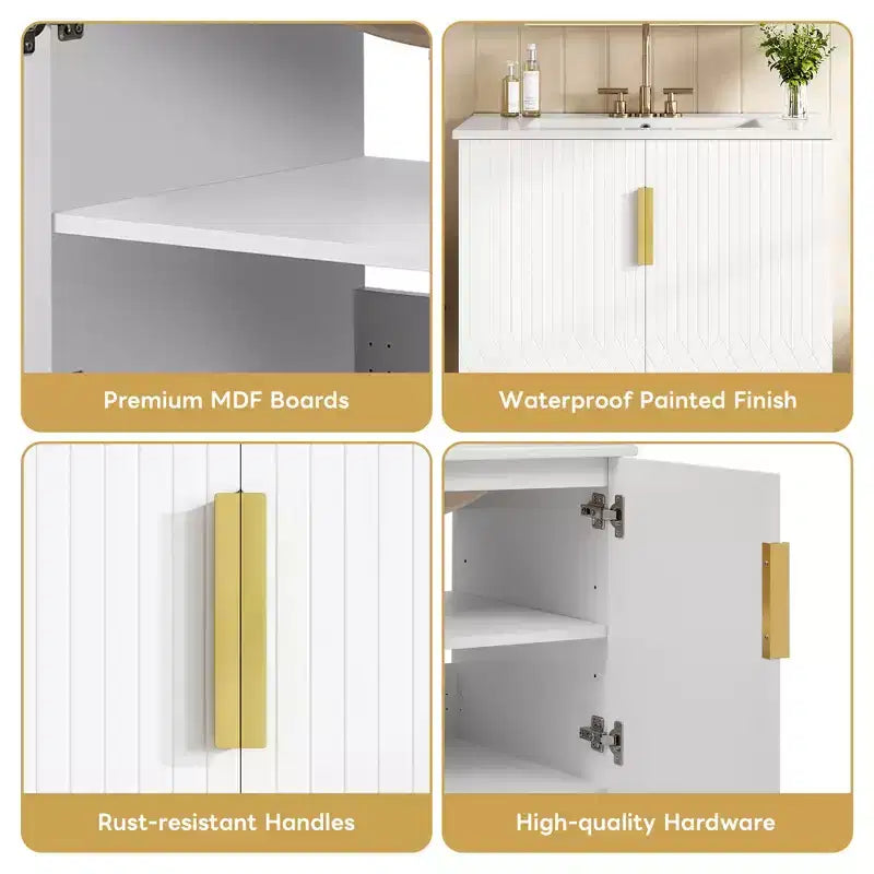 Meuble-lavabo de salle de bain mural 30 pouces avec rangement, meuble de salle de bain en bois avec portes à fermeture douce