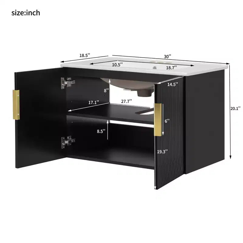Meuble-lavabo de salle de bain mural 30 pouces avec rangement, meuble de salle de bain en bois avec portes à fermeture douce