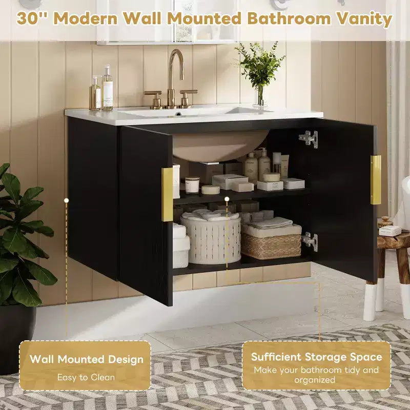 Meuble-lavabo de salle de bain mural 30 pouces avec rangement, meuble de salle de bain en bois avec portes à fermeture douce