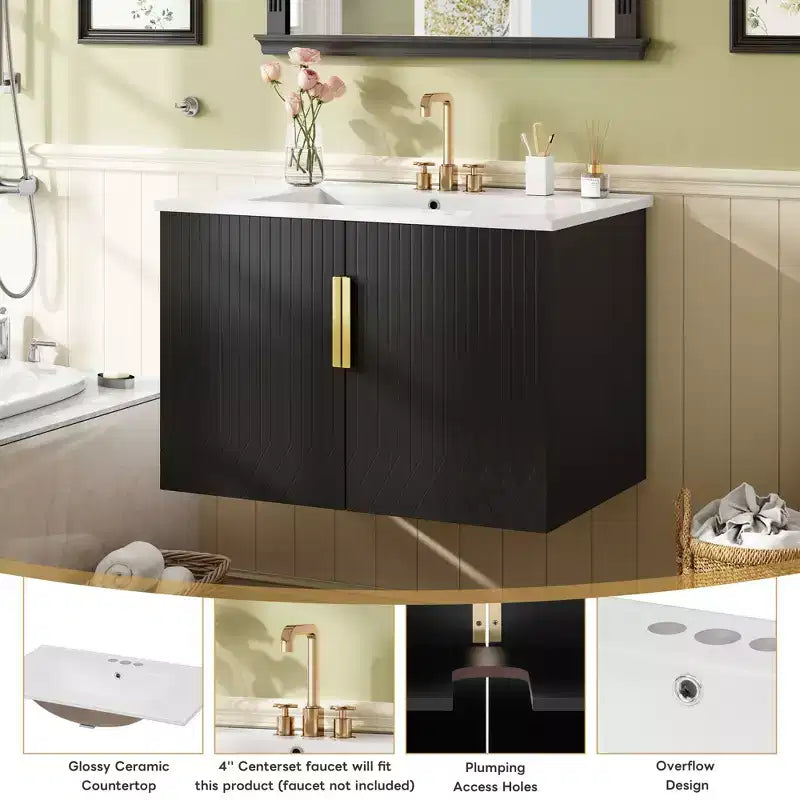 Meuble-lavabo de salle de bain mural 30 pouces avec rangement, meuble de salle de bain en bois avec portes à fermeture douce