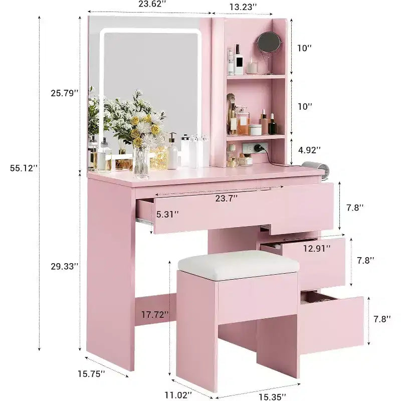 Coiffeuse avec miroir et lumière LED 3 modes d'éclairage, 4 tiroirs, prise de courant, tabouret de rangement, support pour sèche-cheveux, table de maquillage pour chambre, rose