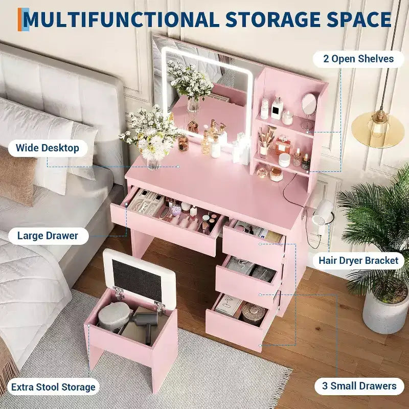 Coiffeuse avec miroir et lumière LED 3 modes d'éclairage, 4 tiroirs, prise de courant, tabouret de rangement, support pour sèche-cheveux, table de maquillage pour chambre, rose