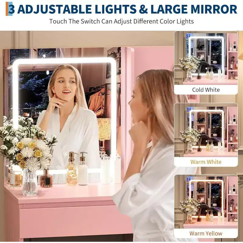 Coiffeuse avec miroir et lumière LED 3 modes d'éclairage, 4 tiroirs, prise de courant, tabouret de rangement, support pour sèche-cheveux, table de maquillage pour chambre, rose