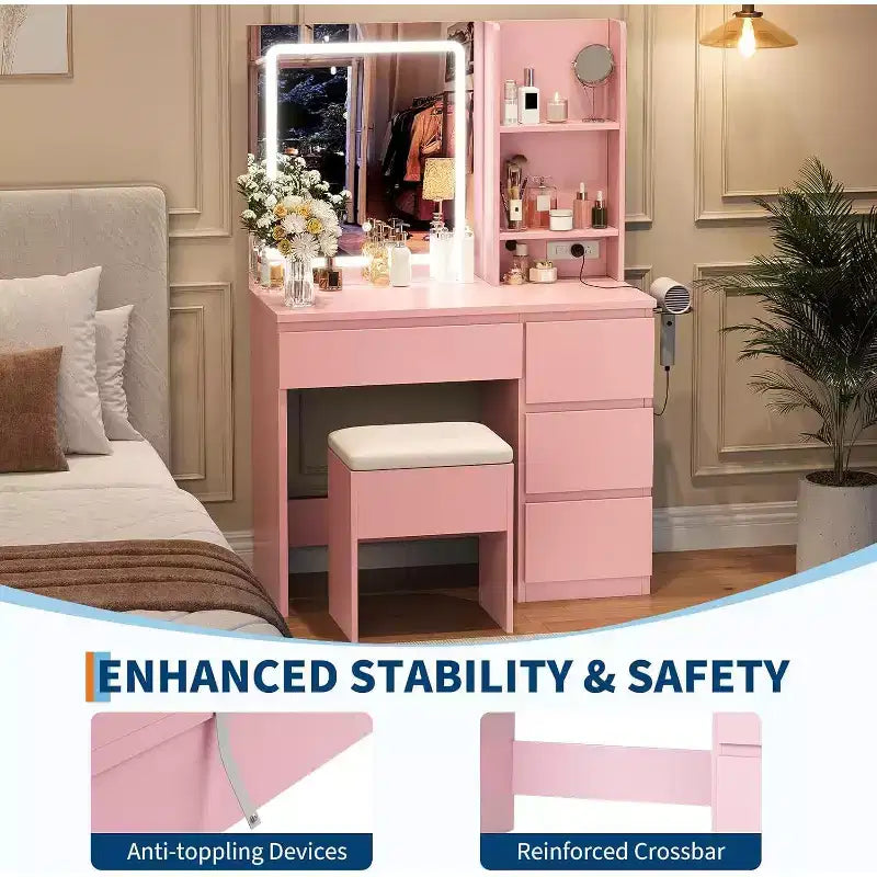 Coiffeuse avec miroir et lumière LED 3 modes d'éclairage, 4 tiroirs, prise de courant, tabouret de rangement, support pour sèche-cheveux, table de maquillage pour chambre, rose