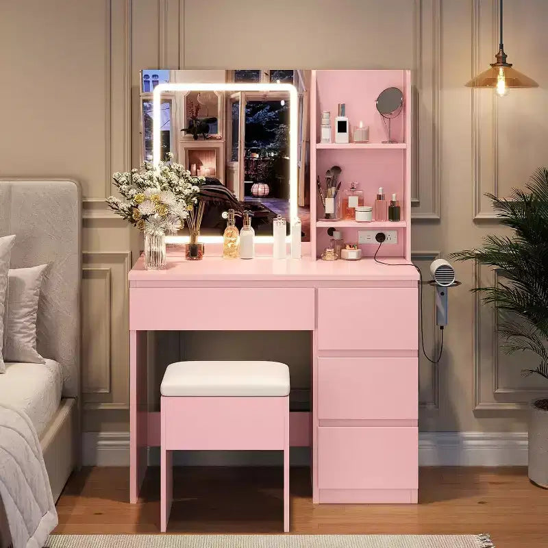 Coiffeuse avec miroir et lumière LED 3 modes d'éclairage, 4 tiroirs, prise de courant, tabouret de rangement, support pour sèche-cheveux, table de maquillage pour chambre, rose