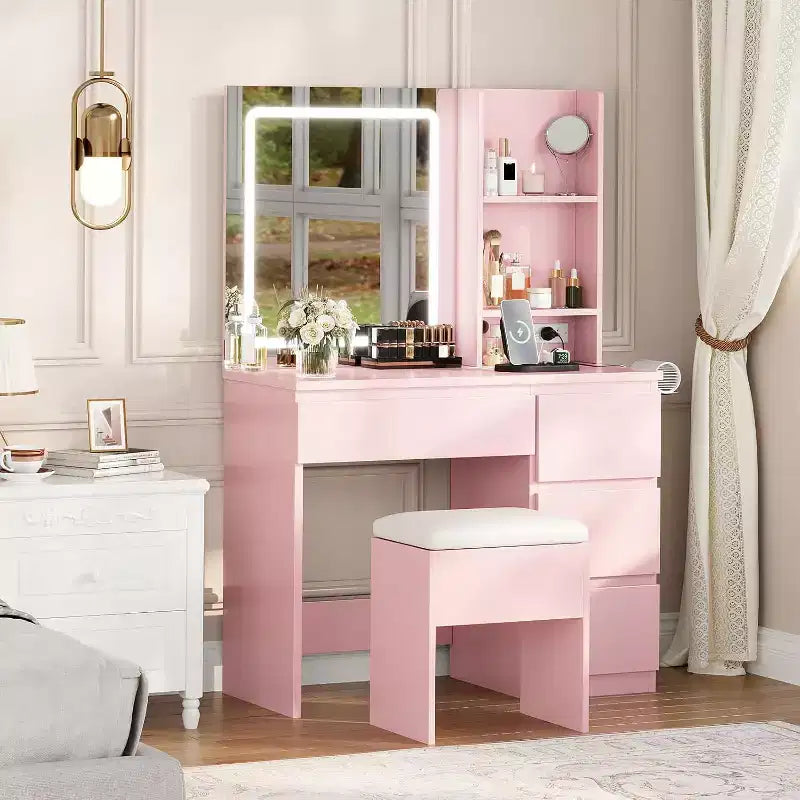 Coiffeuse avec miroir et lumière LED 3 modes d'éclairage, 4 tiroirs, prise de courant, tabouret de rangement, support pour sèche-cheveux, table de maquillage pour chambre, rose