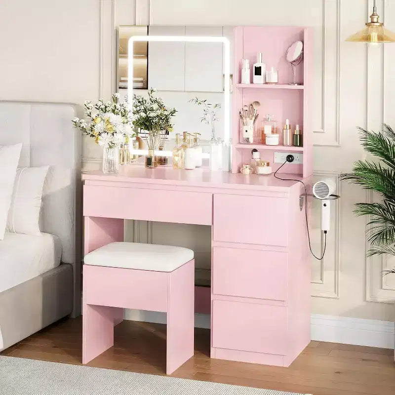 Coiffeuse avec miroir et lumière LED 3 modes d'éclairage, 4 tiroirs, prise de courant, tabouret de rangement, support pour sèche-cheveux, table de maquillage pour chambre, rose