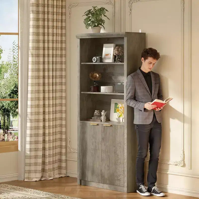 Bibliothèque haute de 71 po avec armoire, bibliothèque en bois à 5 niveaux avec étagères réglables, grande étagère de rangement pour bureau à domicile, salon