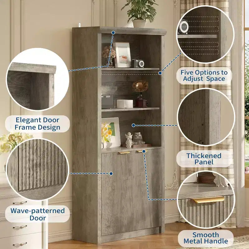 Bibliothèque haute de 71 po avec armoire, bibliothèque en bois à 5 niveaux avec étagères réglables, grande étagère de rangement pour bureau à domicile, salon