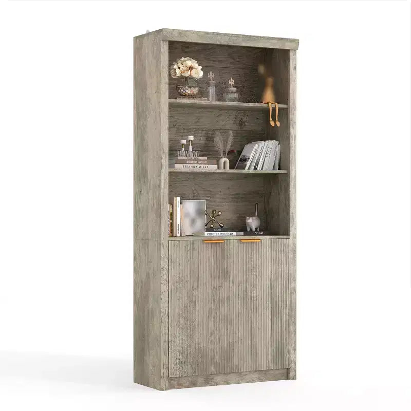 Bibliothèque haute de 71 po avec armoire, bibliothèque en bois à 5 niveaux avec étagères réglables, grande étagère de rangement pour bureau à domicile, salon