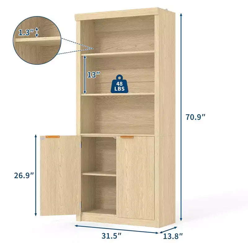 Bibliothèque haute de 71 po avec armoire, bibliothèque en bois à 5 niveaux avec étagères réglables, grande étagère de rangement pour bureau à domicile, salon