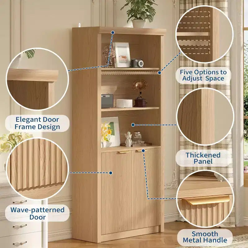 Bibliothèque haute de 71 po avec armoire, bibliothèque en bois à 5 niveaux avec étagères réglables, grande étagère de rangement pour bureau à domicile, salon