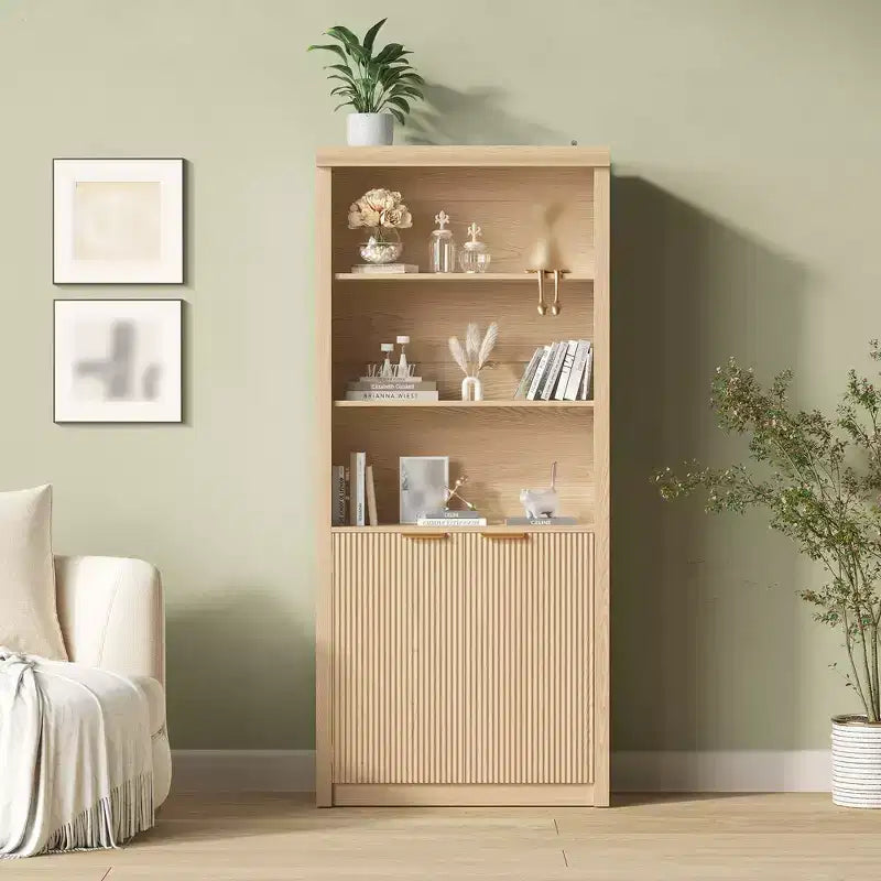 Bibliothèque haute de 71 po avec armoire, bibliothèque en bois à 5 niveaux avec étagères réglables, grande étagère de rangement pour bureau à domicile, salon