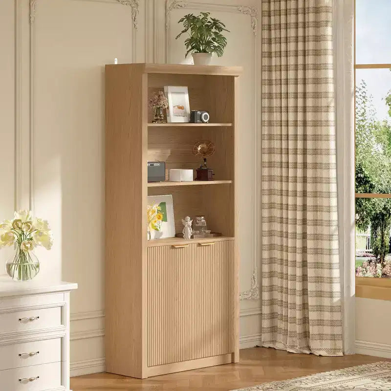 Bibliothèque haute de 71 po avec armoire, bibliothèque en bois à 5 niveaux avec étagères réglables, grande étagère de rangement pour bureau à domicile, salon