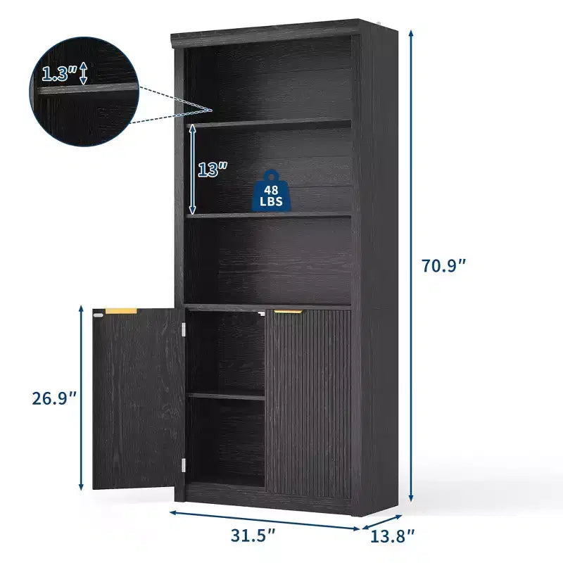 Bibliothèque haute de 71 po avec armoire, bibliothèque en bois à 5 niveaux avec étagères réglables, grande étagère de rangement pour bureau à domicile, salon