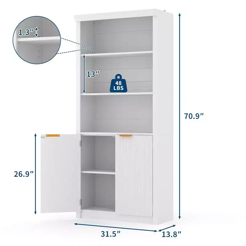 Bibliothèque haute de 71 po avec armoire, bibliothèque en bois à 5 niveaux avec étagères réglables, grande étagère de rangement pour bureau à domicile, salon