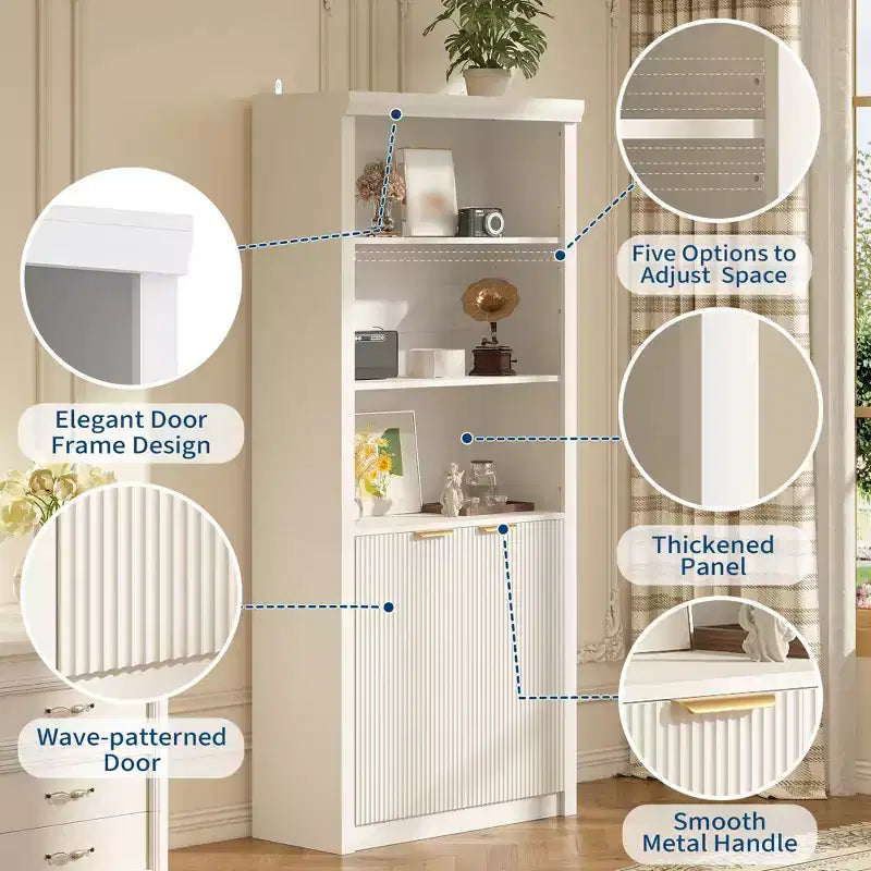Bibliothèque haute de 71 po avec armoire, bibliothèque en bois à 5 niveaux avec étagères réglables, grande étagère de rangement pour bureau à domicile, salon