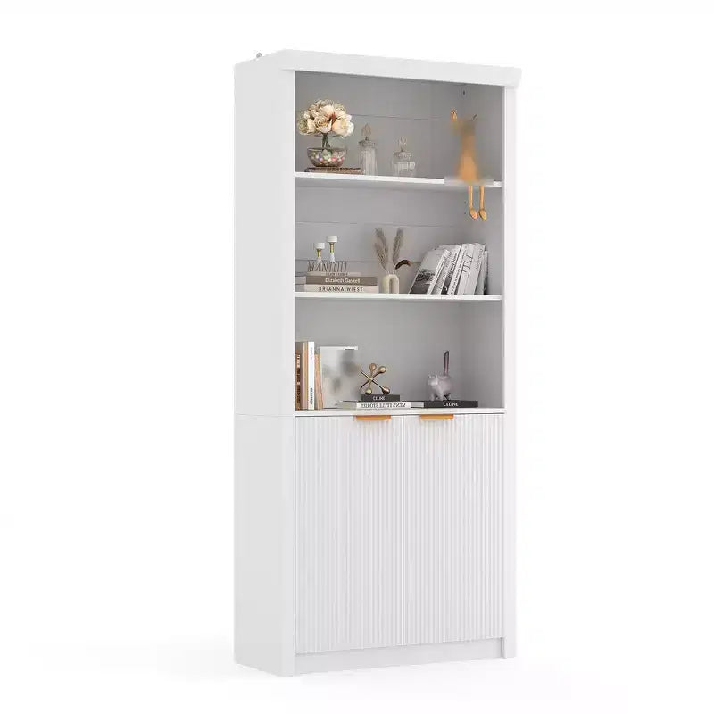 Bibliothèque haute de 71 po avec armoire, bibliothèque en bois à 5 niveaux avec étagères réglables, grande étagère de rangement pour bureau à domicile, salon