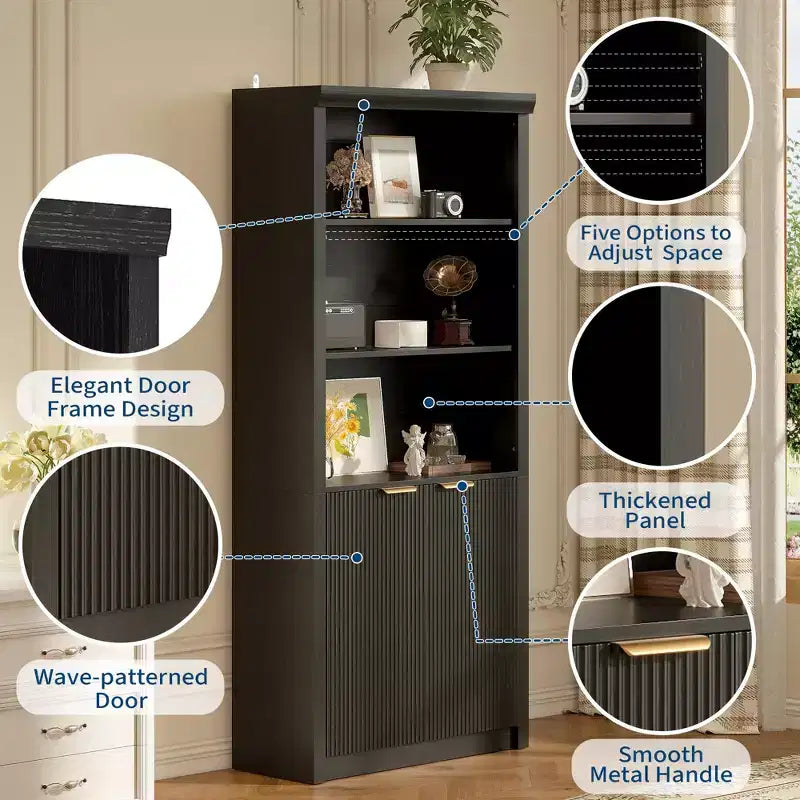 Bibliothèque haute de 71 po avec armoire, bibliothèque en bois à 5 niveaux avec étagères réglables, grande étagère de rangement pour bureau à domicile, salon