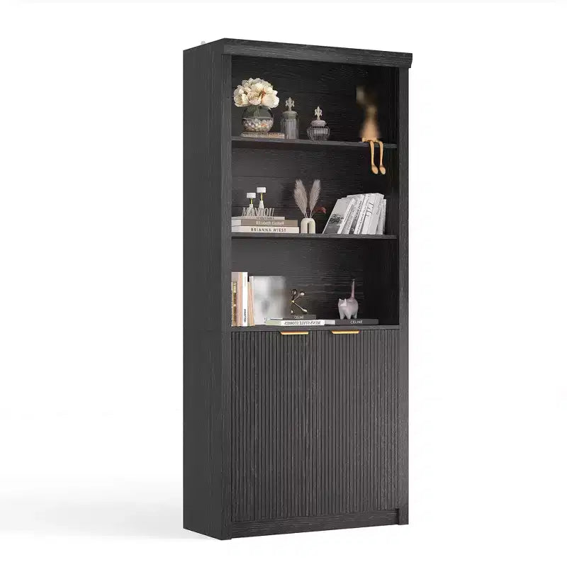 Bibliothèque haute de 71 po avec armoire, bibliothèque en bois à 5 niveaux avec étagères réglables, grande étagère de rangement pour bureau à domicile, salon