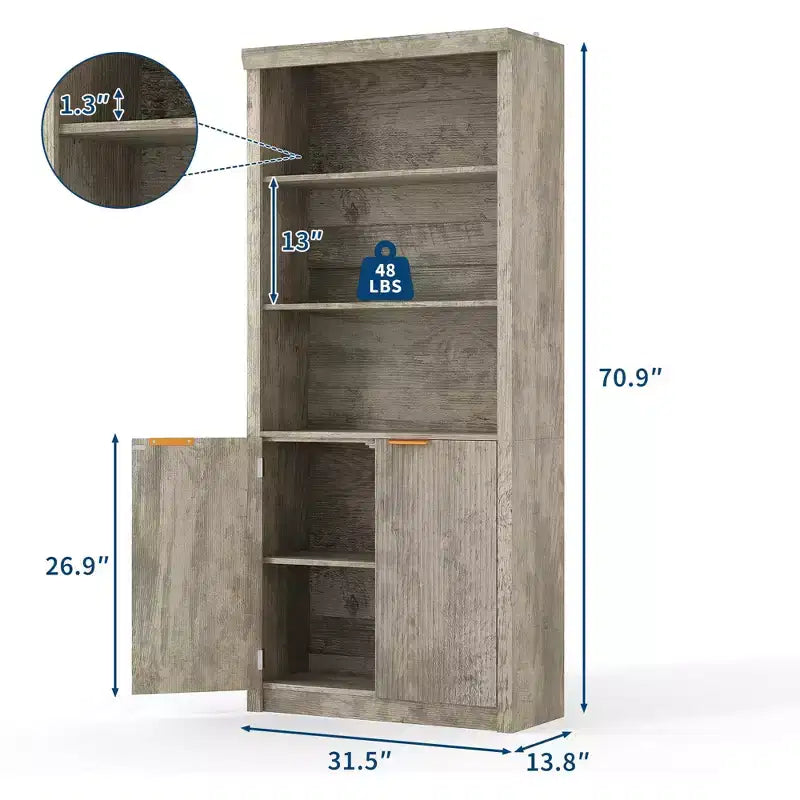 Bibliothèque haute de 71 po avec armoire, bibliothèque en bois à 5 niveaux avec étagères réglables, grande étagère de rangement pour bureau à domicile, salon
