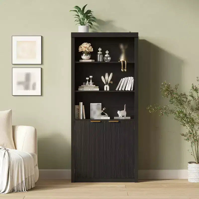 71 Tall Bookcase with Cabinet, 5 Tier Wood Bookshelf with Adjustable Shelves, Large Display Storage Shelf for Home Office Living Room