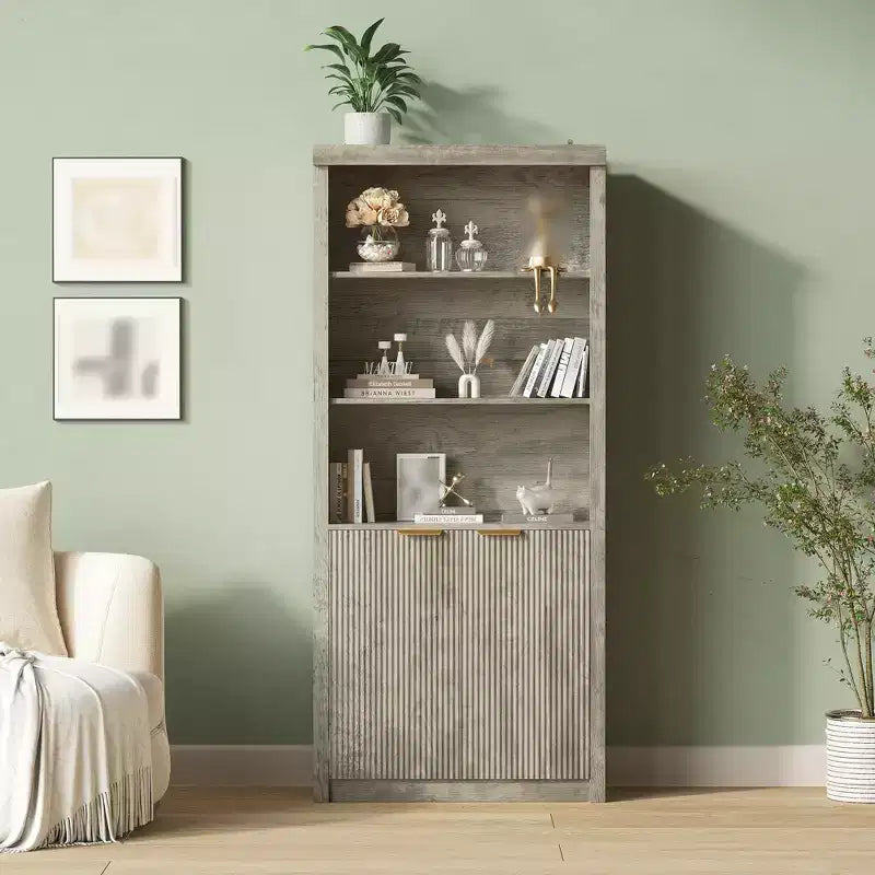 Bibliothèque haute de 71 po avec armoire, bibliothèque en bois à 5 niveaux avec étagères réglables, grande étagère de rangement pour bureau à domicile, salon