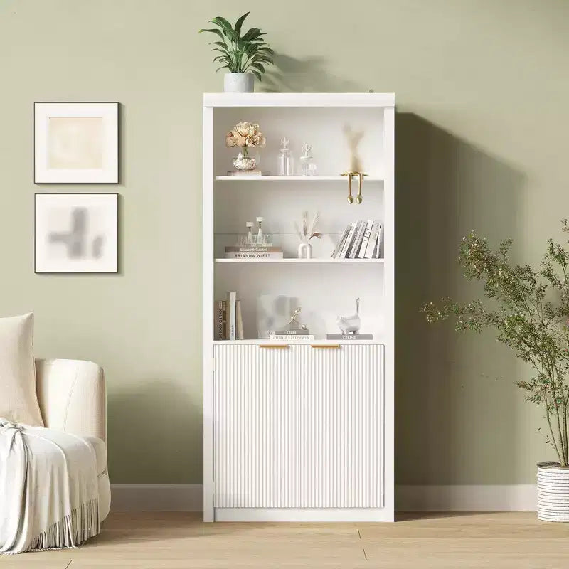 Bibliothèque haute de 71 po avec armoire, bibliothèque en bois à 5 niveaux avec étagères réglables, grande étagère de rangement pour bureau à domicile, salon