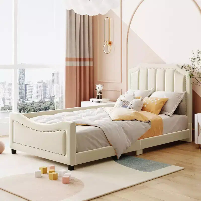 Okak Modern Elegant/Cute Style Platform Bed Frame with Headboard,Upholstered Daybed Sofa Bed for Bedroom,Kids Room