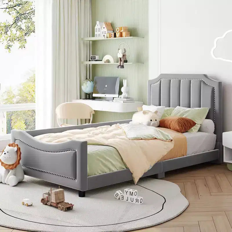 Cadre de lit plateforme moderne et élégant avec tête de lit, lit de repos rembourré pour chambre à coucher, chambre d'enfant