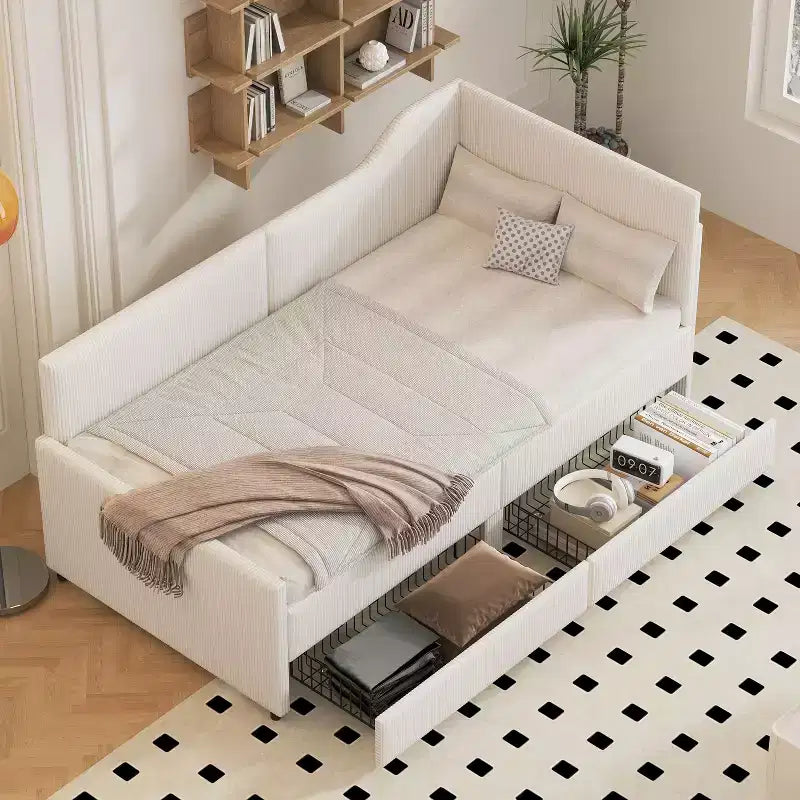 Lit plateforme moderne double en forme de L avec tiroirs de rangement, lit de repos rembourré pour chambre à coucher, chambre d'enfant