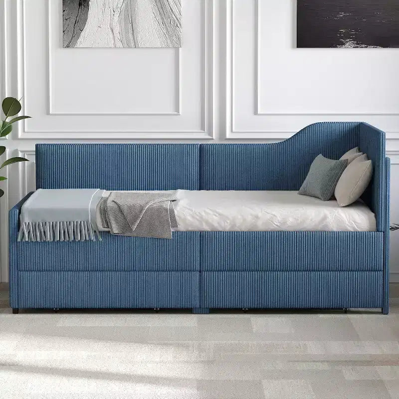 Lit plateforme moderne double en forme de L avec tiroirs de rangement, lit de repos rembourré pour chambre à coucher, chambre d'enfant