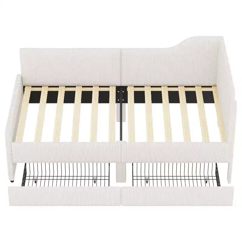 Lit plateforme moderne double en forme de L avec tiroirs de rangement, lit de repos rembourré pour chambre à coucher, chambre d'enfant