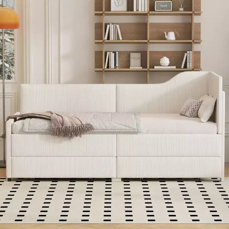Lit plateforme moderne double en forme de L avec tiroirs de rangement, lit de repos rembourré pour chambre à coucher, chambre d'enfant